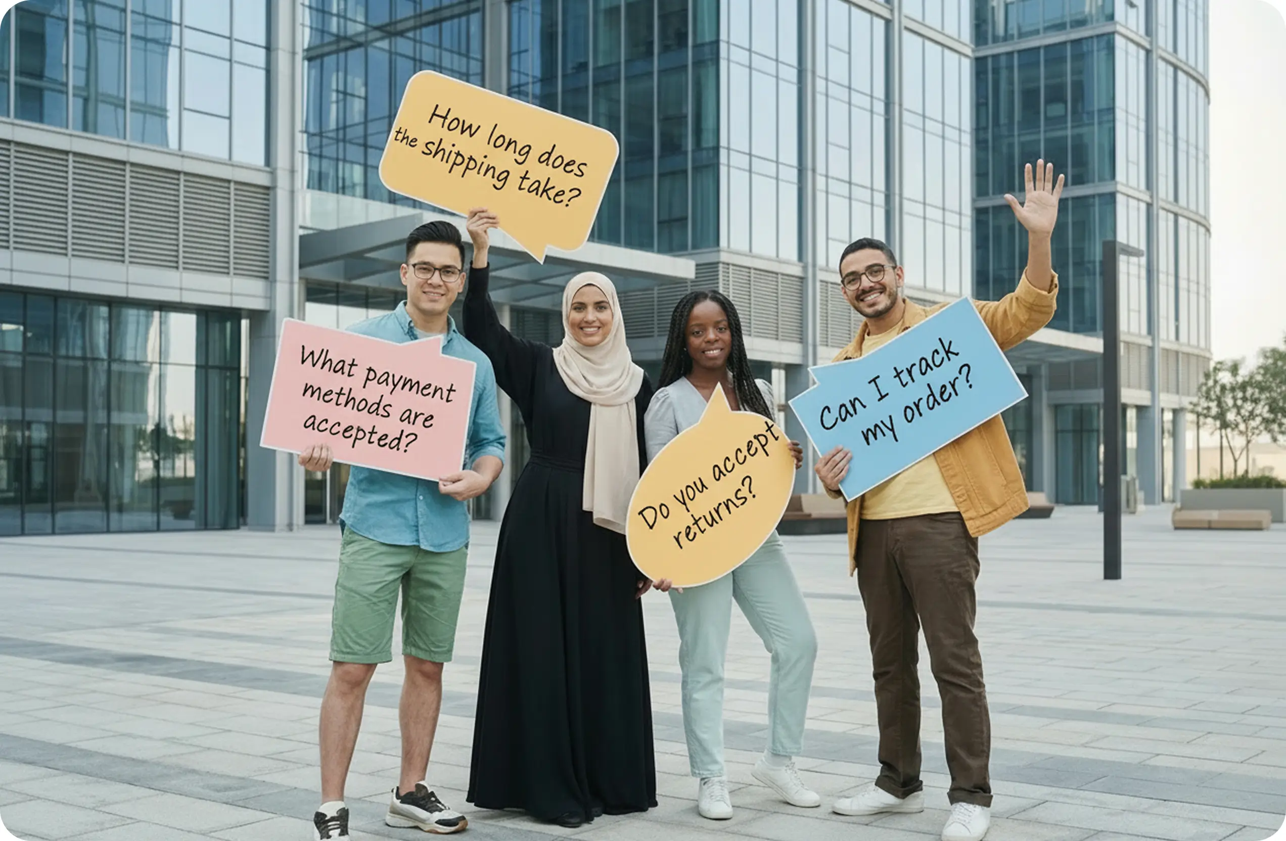 FAQ questions displayed by a diverse team